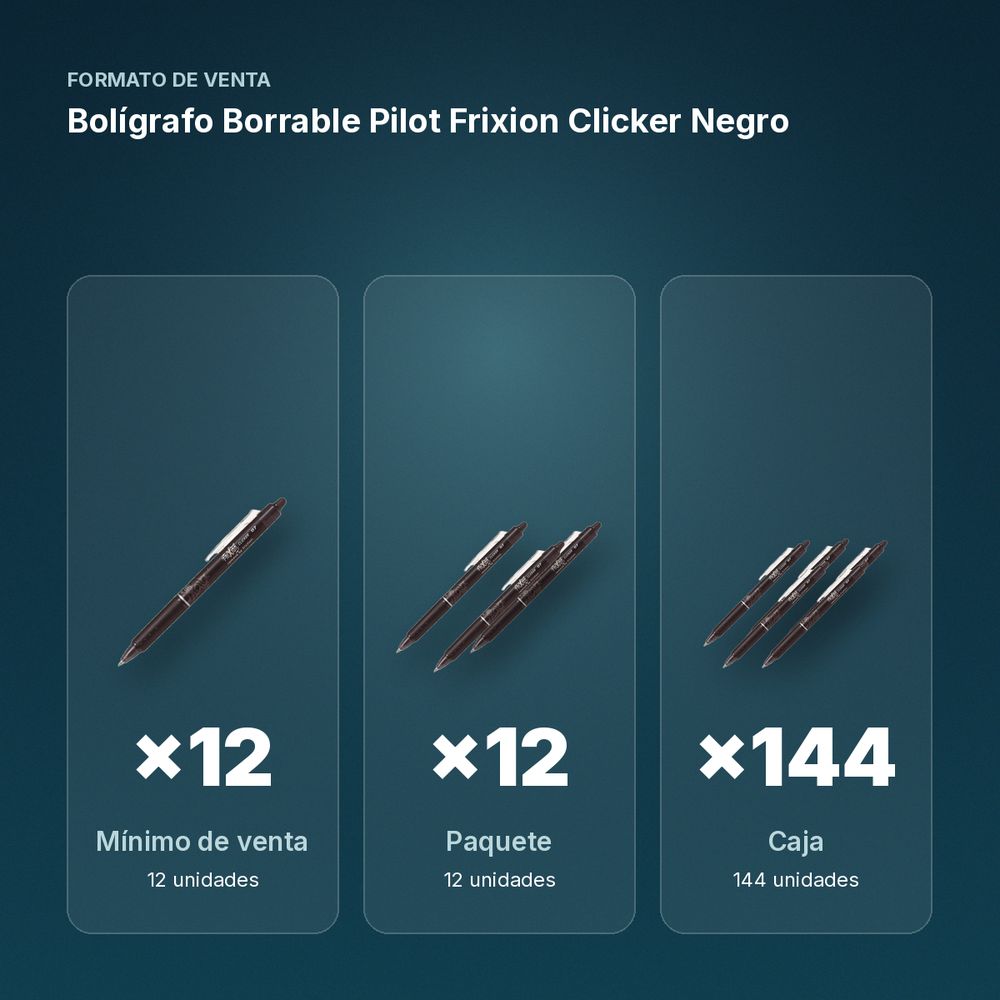 BOLÍGRAFO BORRABLE PILOT FRIXION CLICKER NEGRO - formato de venta: paquete de 12, caja de 144, palé de 864