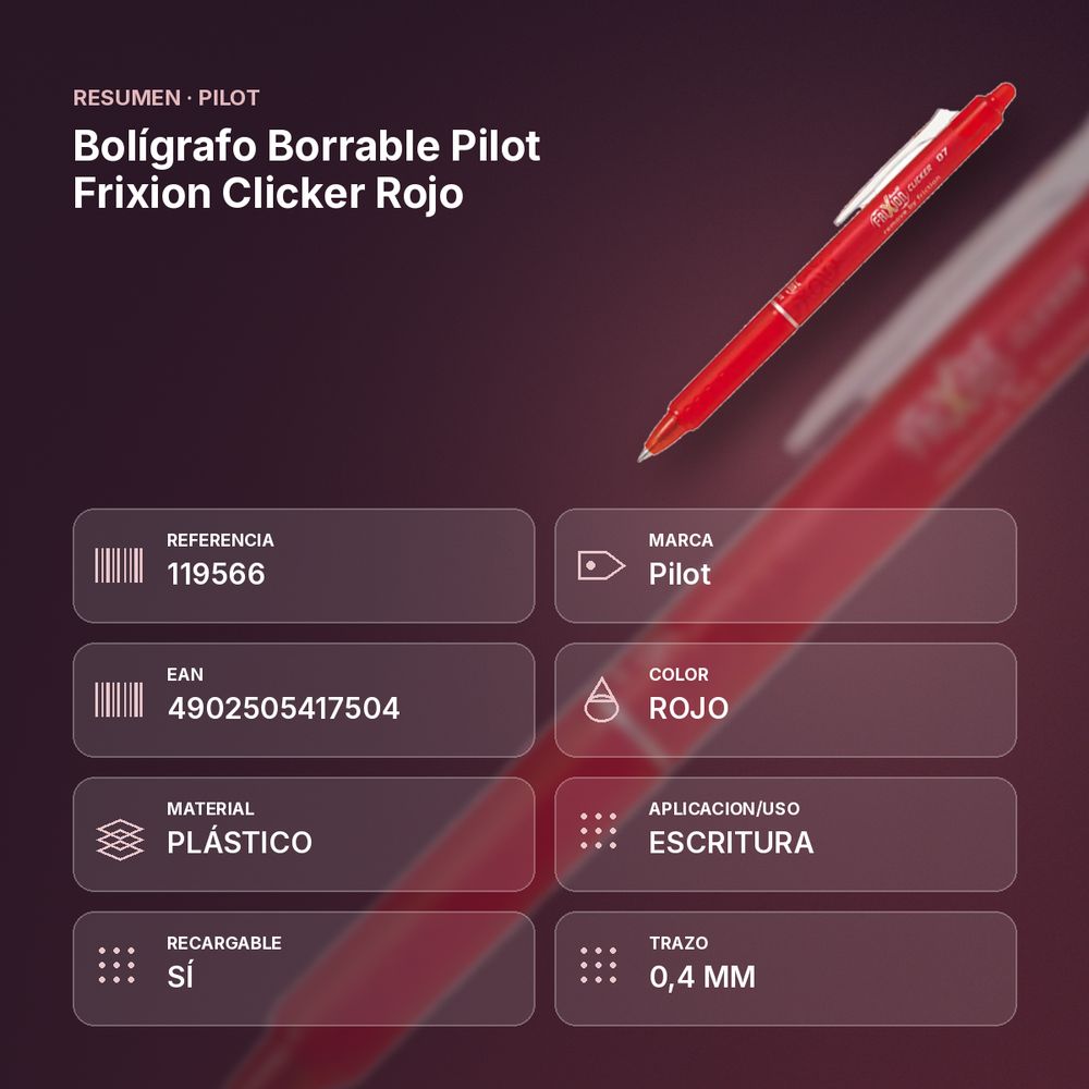 BOLÍGRAFO BORRABLE PILOT FRIXION CLICKER ROJO - resumen de atributos