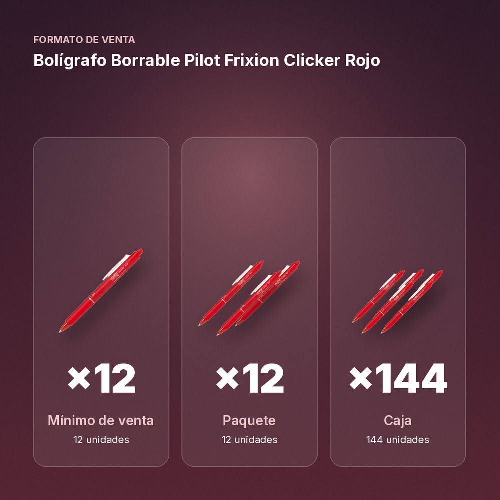 BOLÍGRAFO BORRABLE PILOT FRIXION CLICKER ROJO - formato de venta: paquete de 12, caja de 144, palé de 864