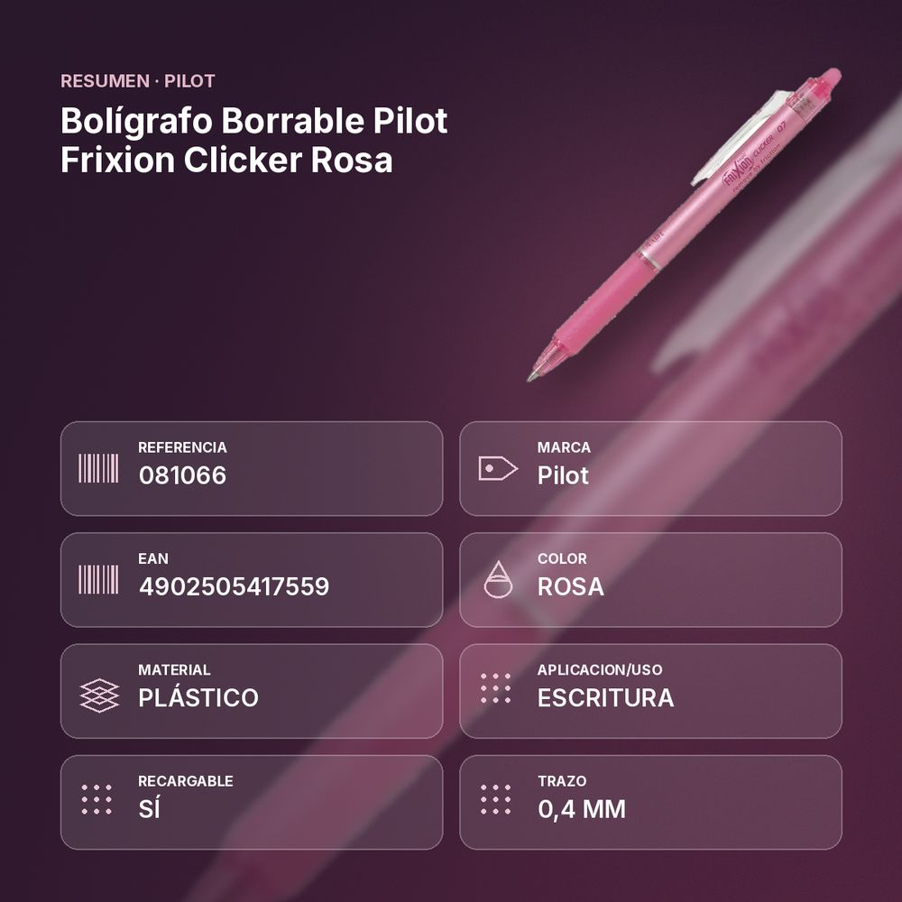 BOLÍGRAFO BORRABLE PILOT FRIXION CLICKER ROSA - resumen de atributos