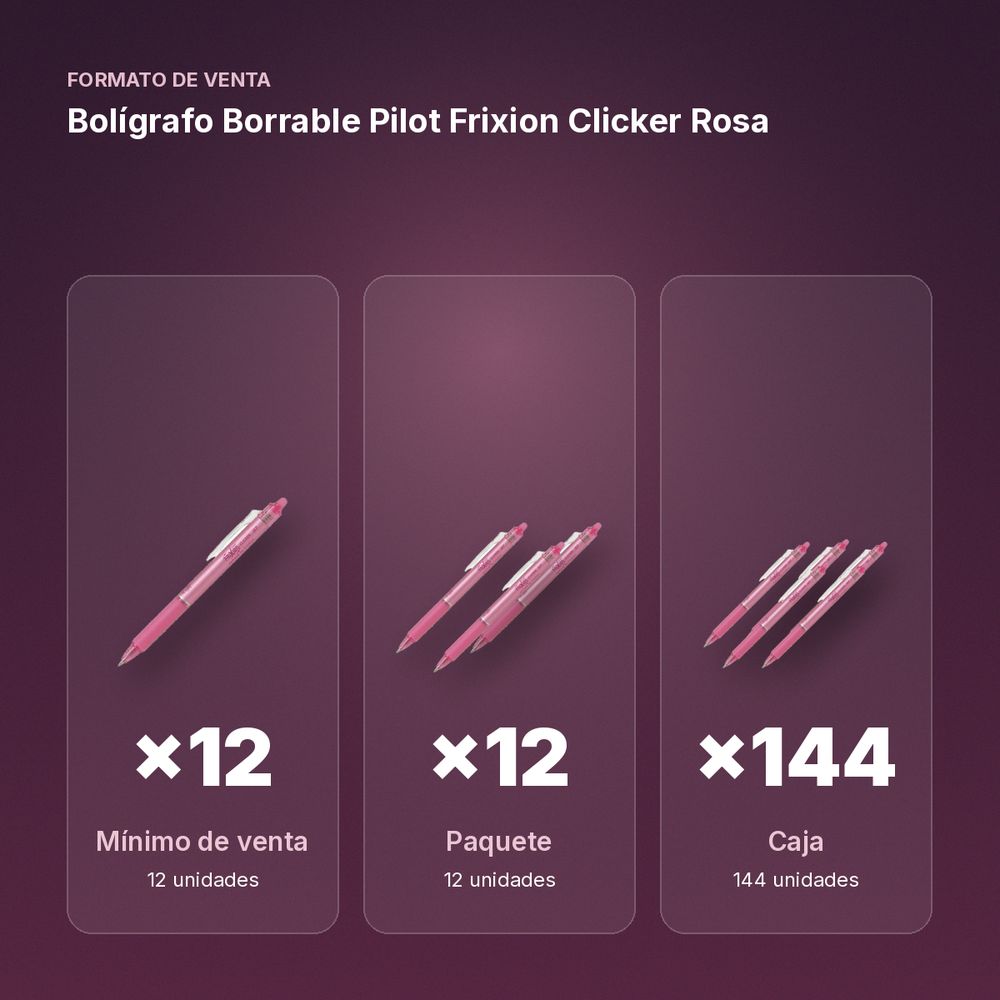 BOLÍGRAFO BORRABLE PILOT FRIXION CLICKER ROSA - formato de venta: paquete de 12, caja de 144, palé de 864