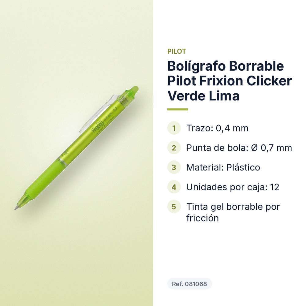 BOLÍGRAFO BORRABLE PILOT FRIXION CLICKER VERDE LIMA - características principales