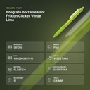 BOLÍGRAFO BORRABLE PILOT FRIXION CLICKER VERDE LIMA - resumen de atributos