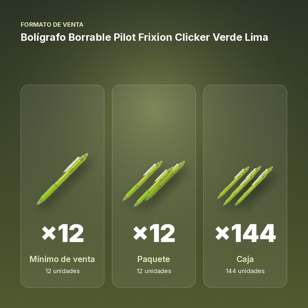 BOLÍGRAFO BORRABLE PILOT FRIXION CLICKER VERDE LIMA - formato de venta: paquete de 12, caja de 144, palé de 864