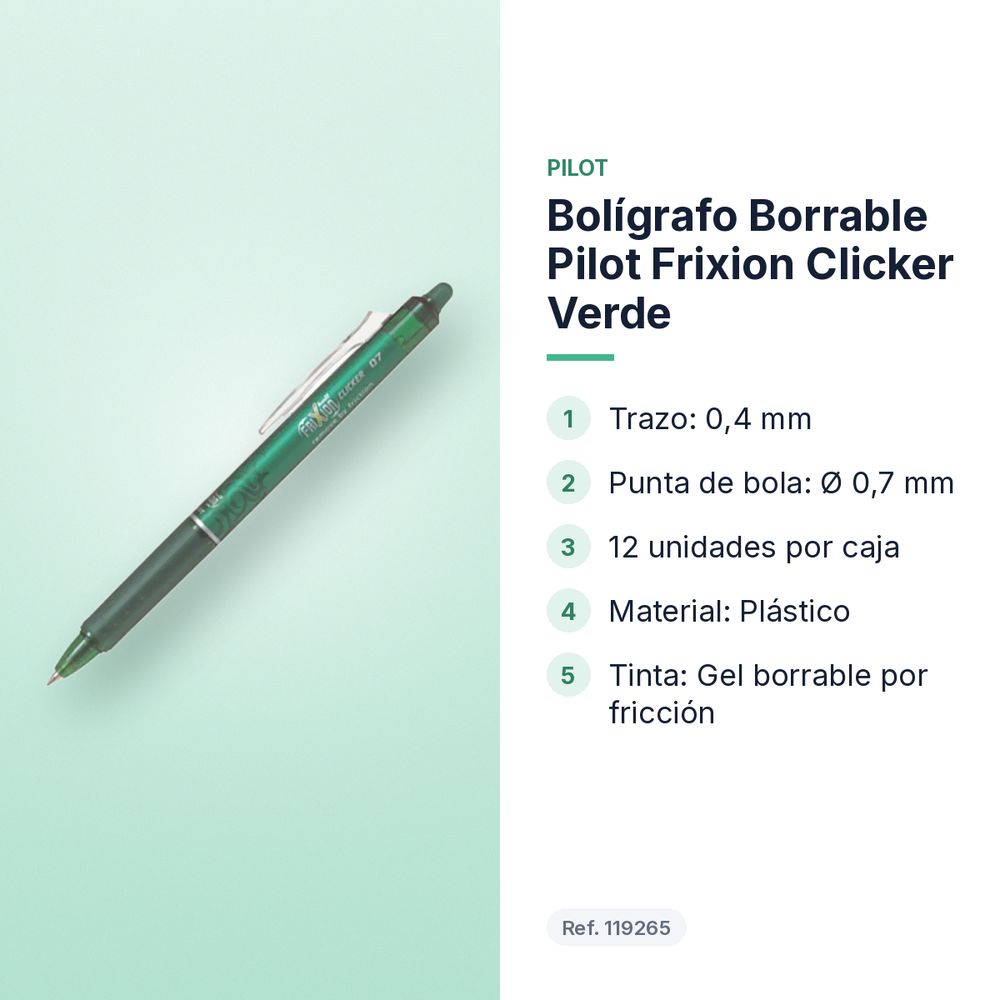 BOLÍGRAFO BORRABLE PILOT FRIXION CLICKER VERDE - características principales