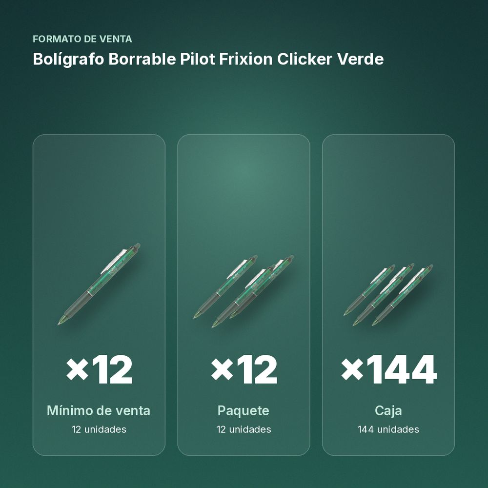 BOLÍGRAFO BORRABLE PILOT FRIXION CLICKER VERDE - formato de venta: paquete de 12, caja de 144, palé de 864