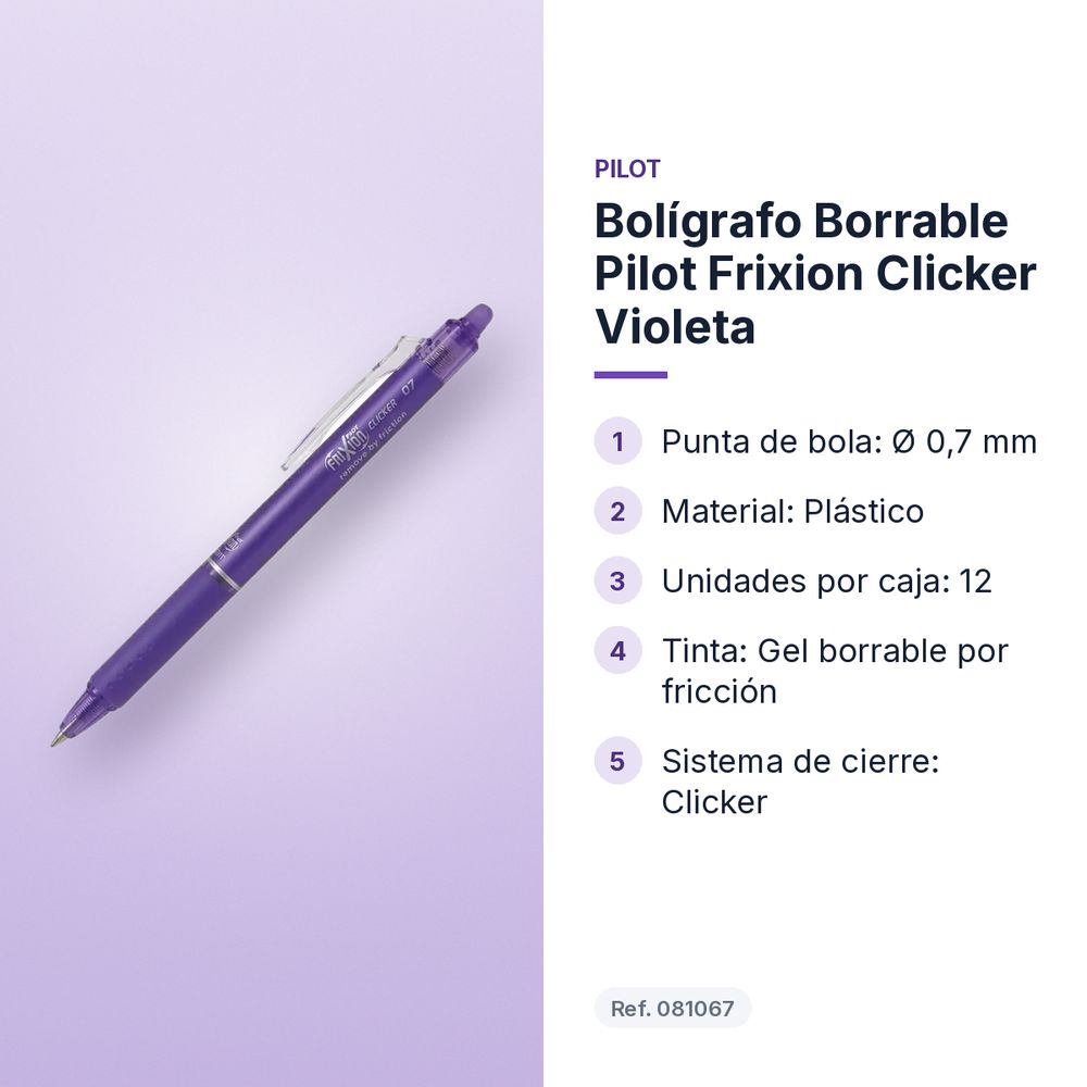 BOLÍGRAFO BORRABLE PILOT FRIXION CLICKER VIOLETA - características principales