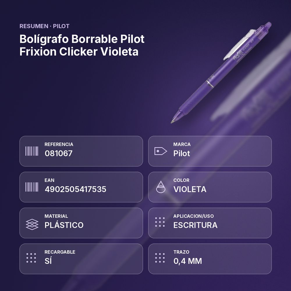 BOLÍGRAFO BORRABLE PILOT FRIXION CLICKER VIOLETA - resumen de atributos