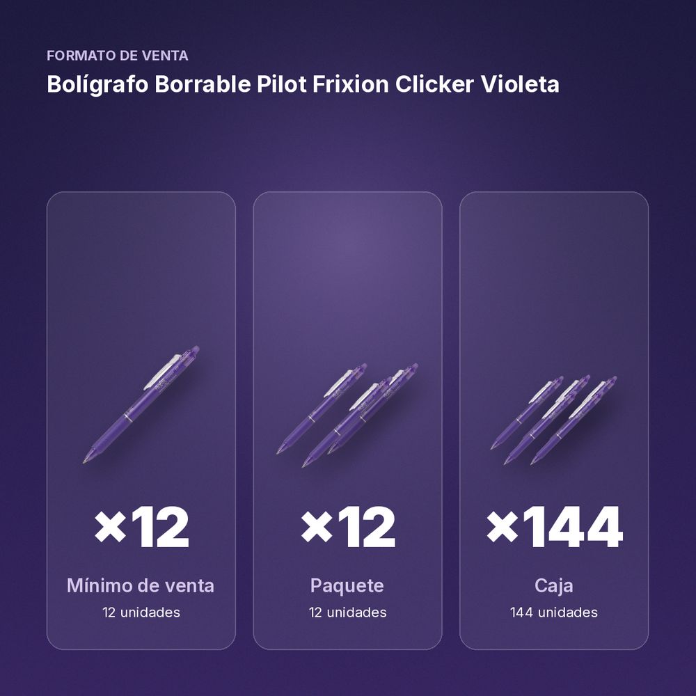 BOLÍGRAFO BORRABLE PILOT FRIXION CLICKER VIOLETA - formato de venta: paquete de 12, caja de 144, palé de 864