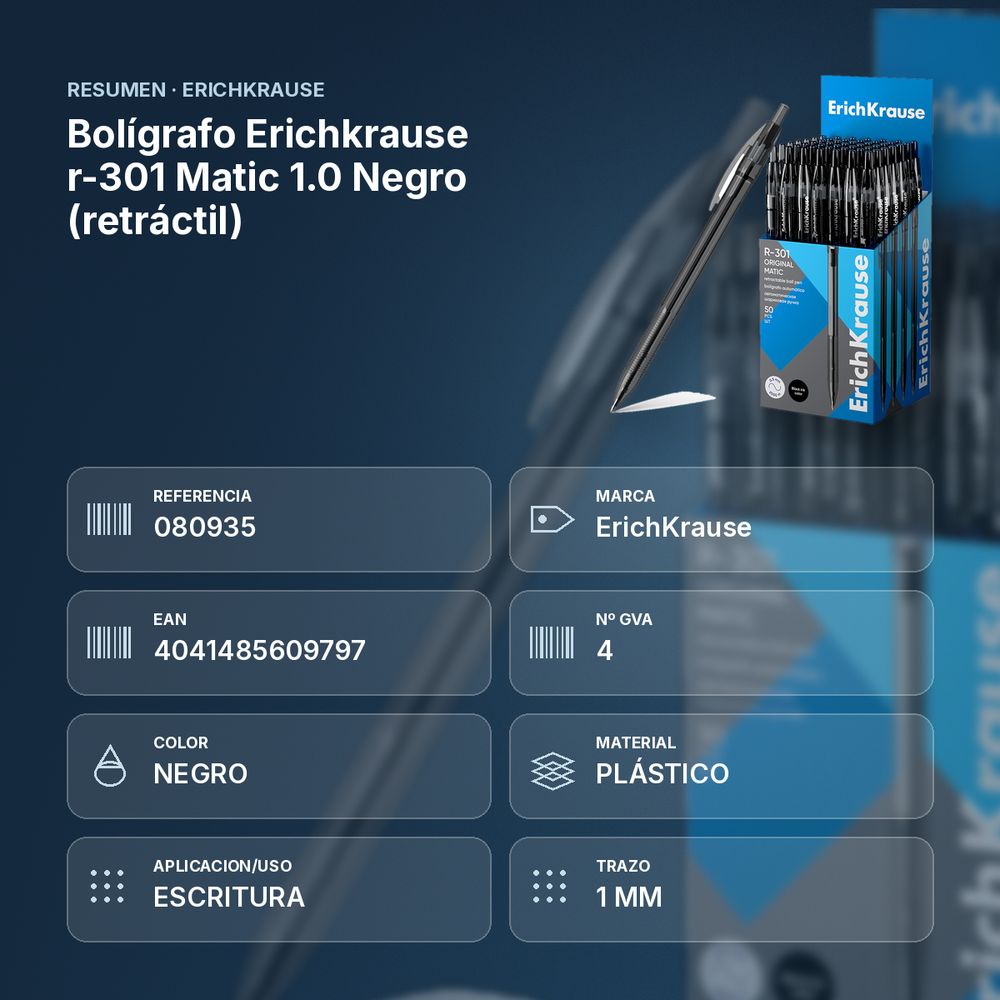BOLÍGRAFO ERICHKRAUSE R-301 MATIC 1.0  NEGRO (RETRÁCTIL)  - resumen de atributos