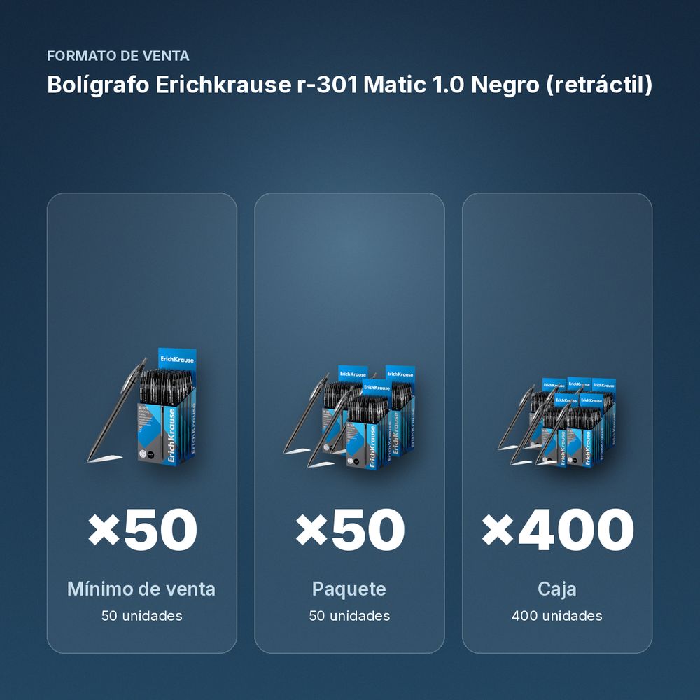 BOLÍGRAFO ERICHKRAUSE R-301 MATIC 1.0  NEGRO (RETRÁCTIL)  - formato de venta: paquete de 50, caja de 400, palé de 3200