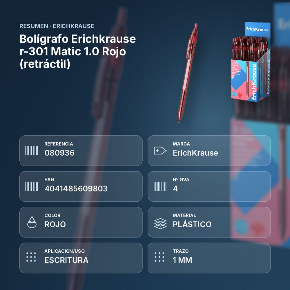 BOLÍGRAFO ERICHKRAUSE R-301 MATIC 1.0 ROJO (RETRÁCTIL)  - resumen de atributos