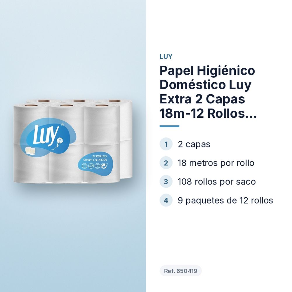 PAPEL HIGIÉNICO DOMÉSTICO LUY EXTRA 2 CAPAS 18M-12 ROLLOS /SACO DE 9 PAQUETES - características principales