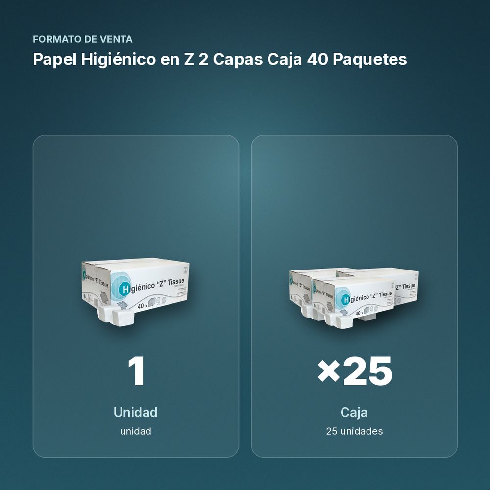 PAPEL HIGIÉNICO EN Z 2 CAPAS  CAJA 40 PAQUETES - formato de venta: caja de 25