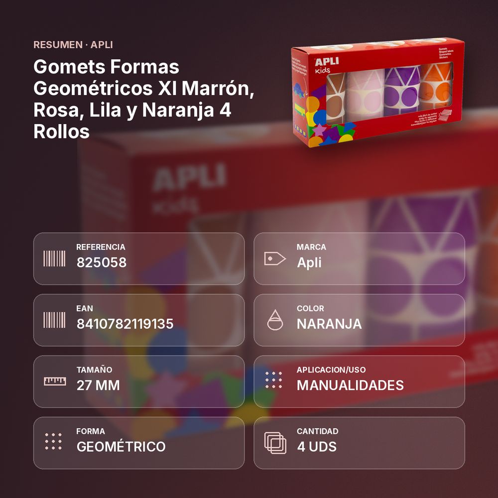 GOMETS FORMAS GEOMÉTRICOS XL MARRÓN, ROSA, LILA Y NARANJA 4 ROLLOS - resumen de atributos