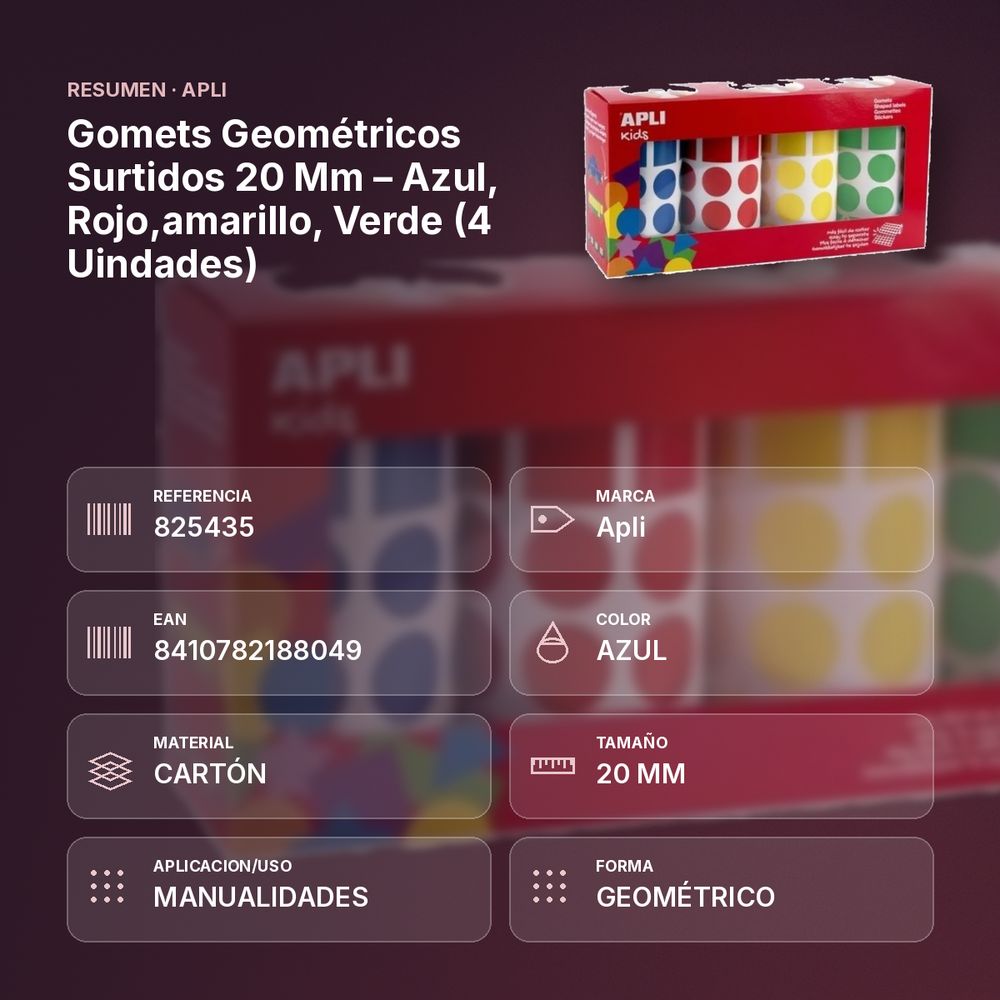 GOMETS GEOMÉTRICOS SURTIDOS 20 MM – AZUL, ROJO,AMARILLO, VERDE (4 UINDADES) - resumen de atributos