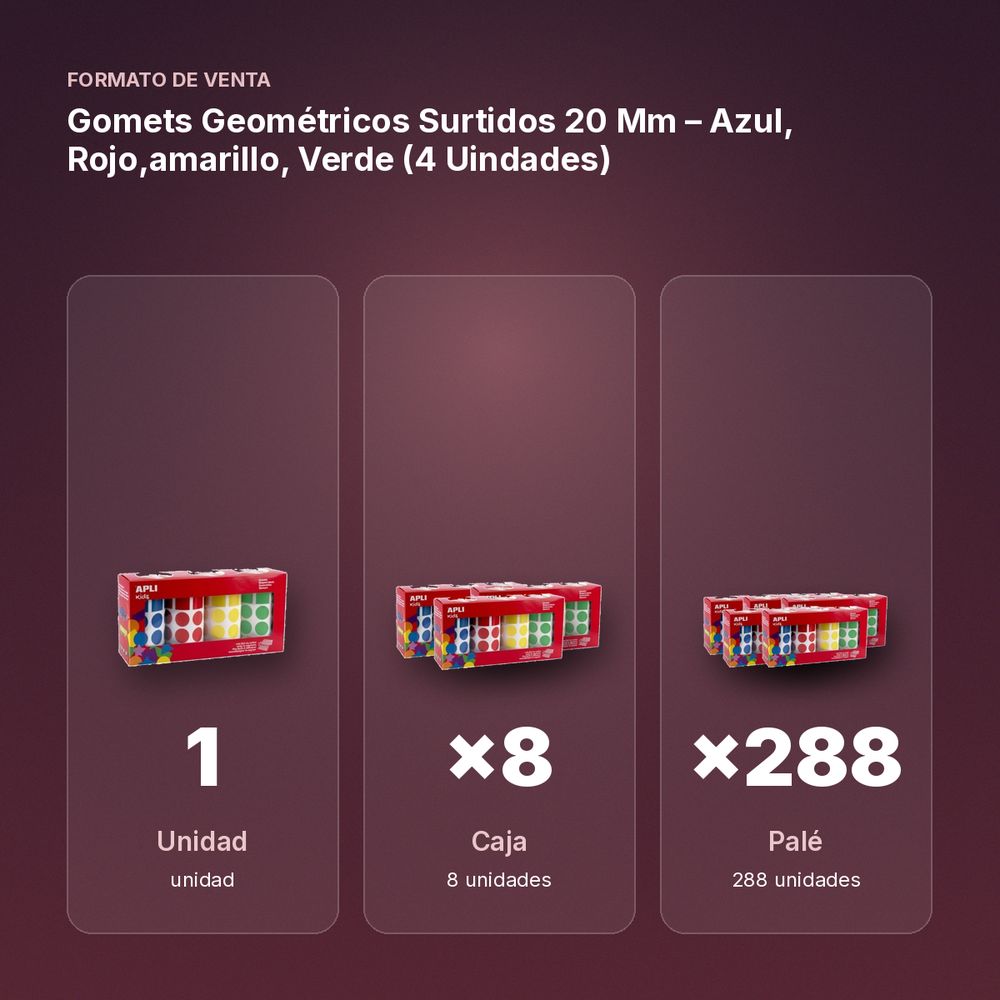 GOMETS GEOMÉTRICOS SURTIDOS 20 MM – AZUL, ROJO,AMARILLO, VERDE (4 UINDADES) - formato de venta: caja de 8, palé de 288