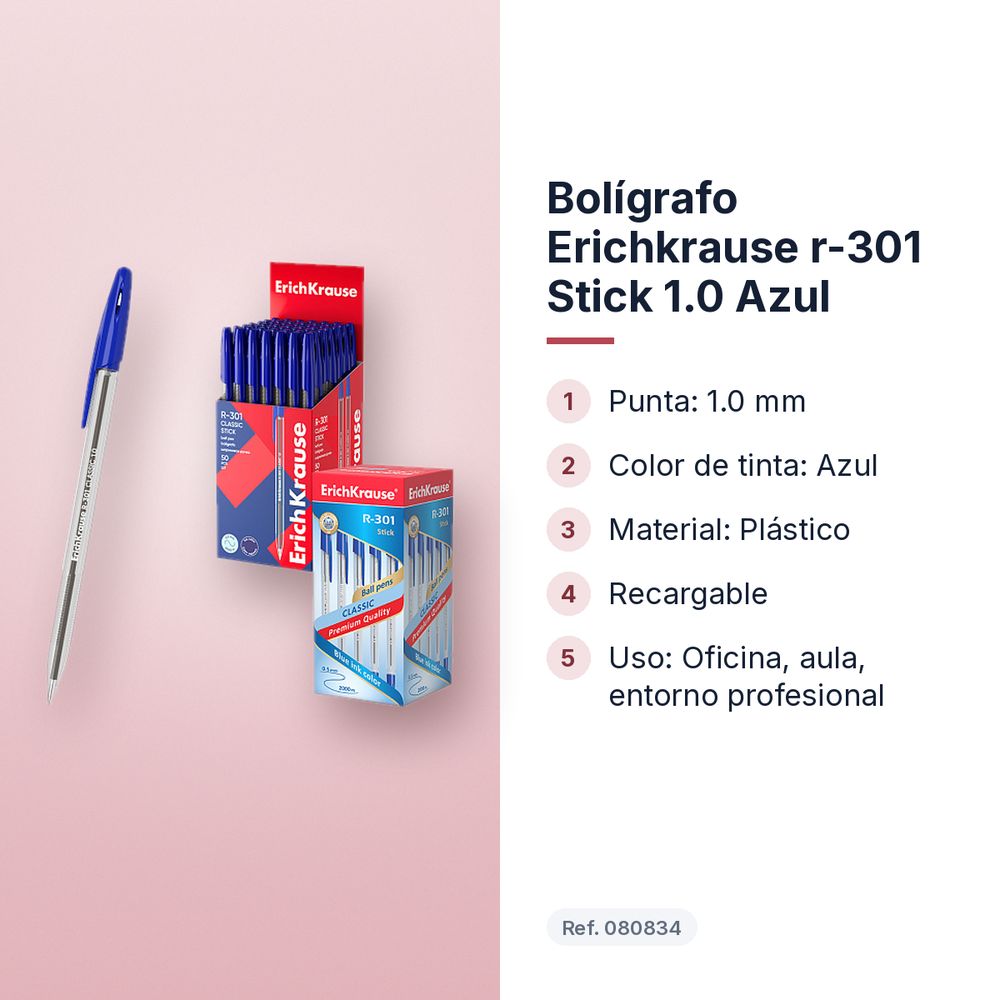 BOLÍGRAFO ERICHKRAUSE R-301 STICK 1.0  AZUL  - características principales