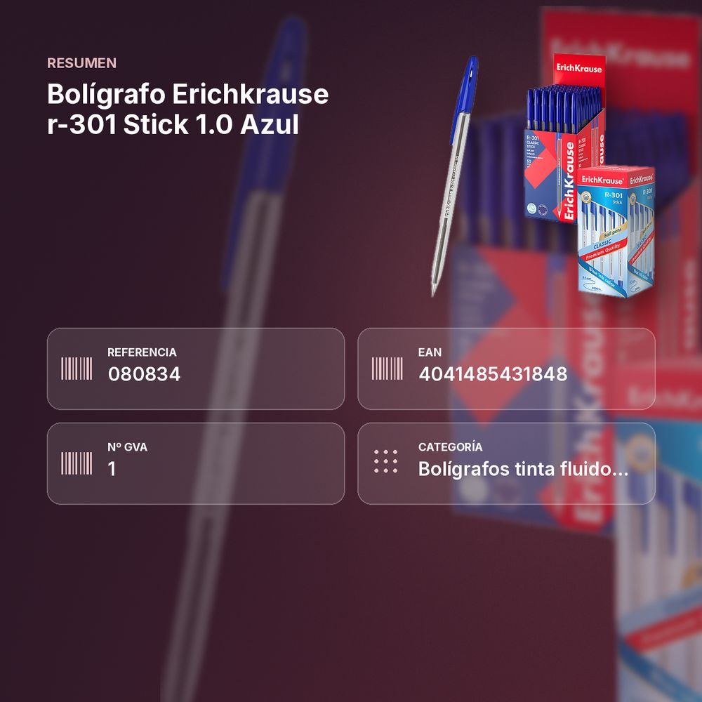 BOLÍGRAFO ERICHKRAUSE R-301 STICK 1.0  AZUL  - resumen de atributos