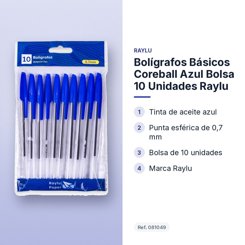 BOLÍGRAFOS BÁSICOS COREBALL AZUL BOLSA 10 UNIDADES RAYLU - características principales