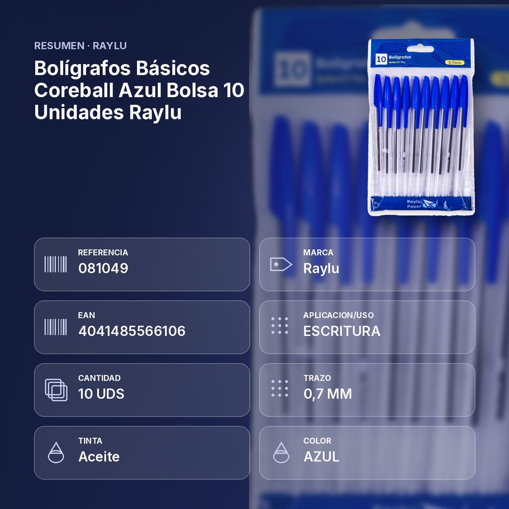 BOLÍGRAFOS BÁSICOS COREBALL AZUL BOLSA 10 UNIDADES RAYLU - resumen de atributos