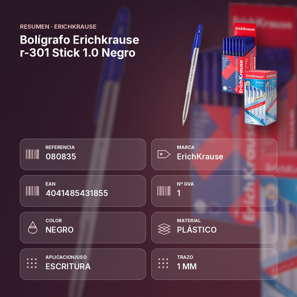 BOLÍGRAFO ERICHKRAUSE R-301 STICK 1.0 NEGRO  - resumen de atributos