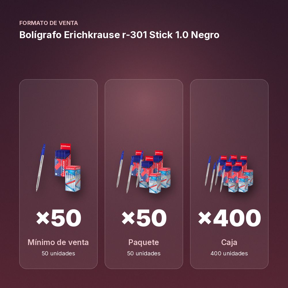 BOLÍGRAFO ERICHKRAUSE R-301 STICK 1.0 NEGRO  - formato de venta: paquete de 50, caja de 400, palé de 3200