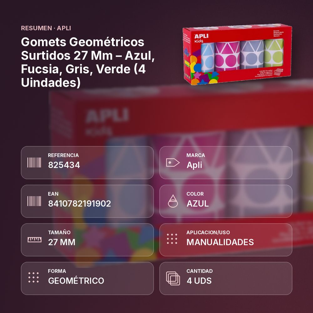 GOMETS GEOMÉTRICOS SURTIDOS 27 MM – AZUL, FUCSIA, GRIS, VERDE (4 UINDADES) - resumen de atributos