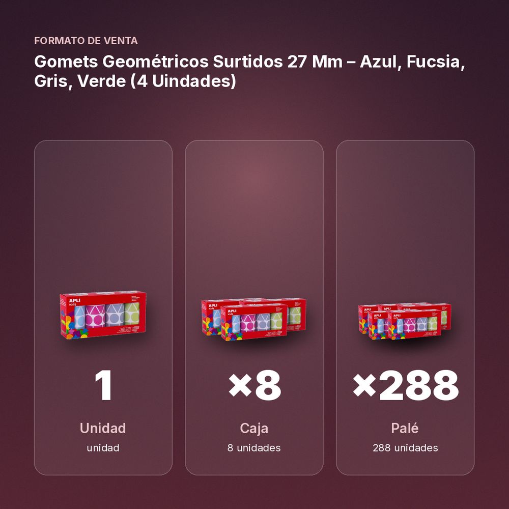 GOMETS GEOMÉTRICOS SURTIDOS 27 MM – AZUL, FUCSIA, GRIS, VERDE (4 UINDADES) - formato de venta: caja de 8, palé de 288