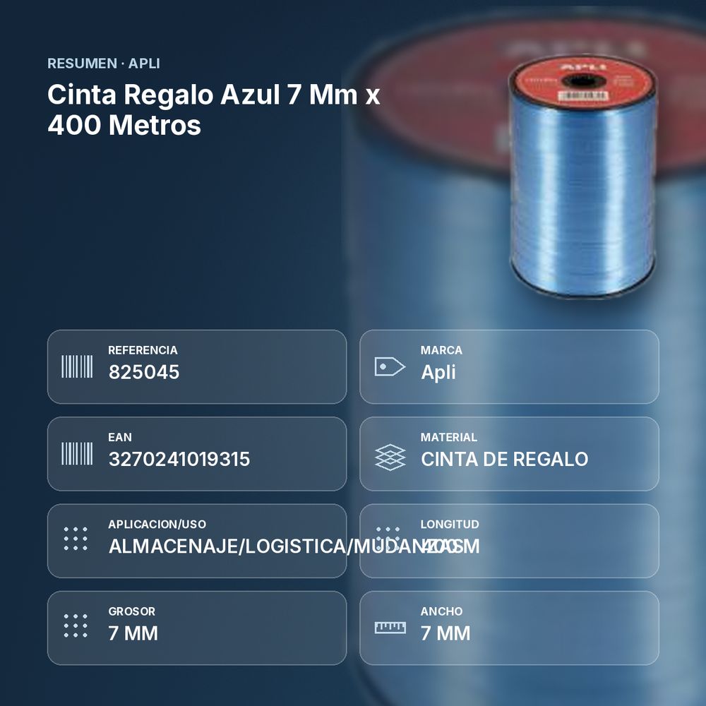 CINTA REGALO AZUL 7 MM X 400 METROS - resumen de atributos