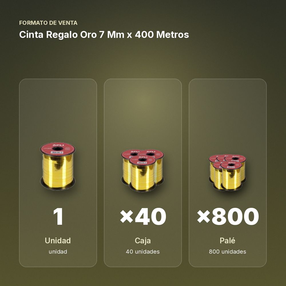 CINTA REGALO ORO 7 MM X 400 METROS  - formato de venta: caja de 40, palé de 800