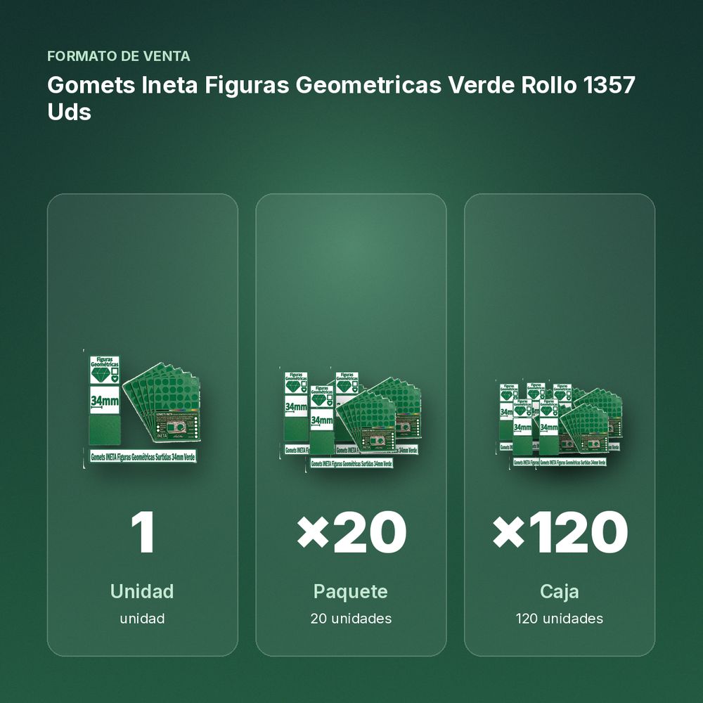 GOMETS INETA FIGURAS GEOMETRICAS VERDE ROLLO 1357 UDS - formato de venta: paquete de 20, caja de 120