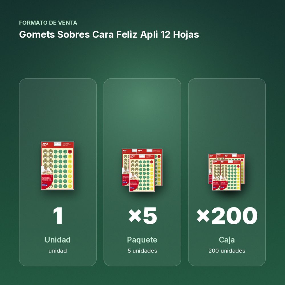 GOMETS SOBRES CARA FELIZ APLI 12 HOJAS - formato de venta: paquete de 5, caja de 200, palé de 7200