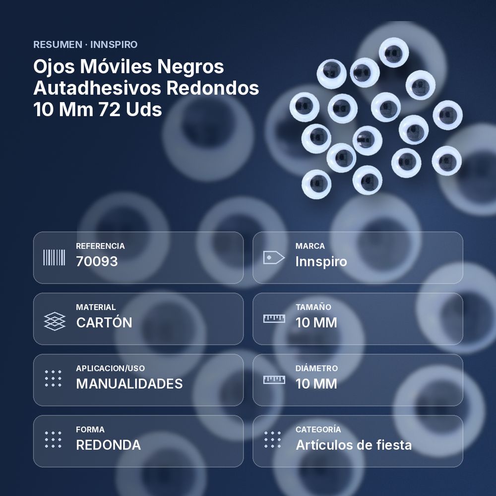 OJOS MÓVILES NEGROS AUTADHESIVOS REDONDOS 10 MM 72 UDS - resumen de atributos