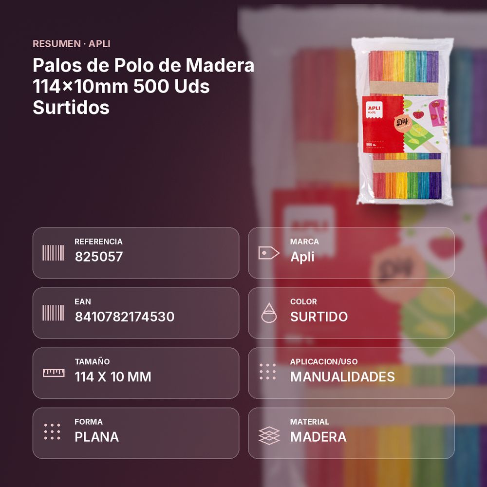 PALOS DE POLO DE MADERA 114×10MM 500 UDS SURTIDOS - resumen de atributos