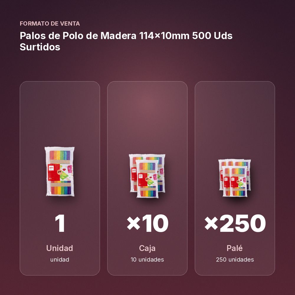 PALOS DE POLO DE MADERA 114×10MM 500 UDS SURTIDOS - formato de venta: caja de 10, palé de 250
