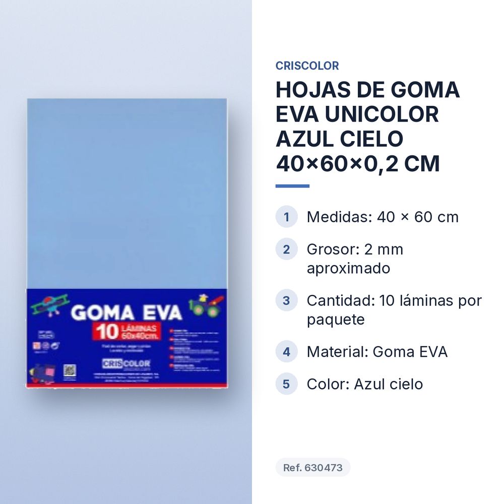 HOJAS DE GOMA EVA UNICOLOR AZUL CIELO 40x60x0,2 CM - características principales