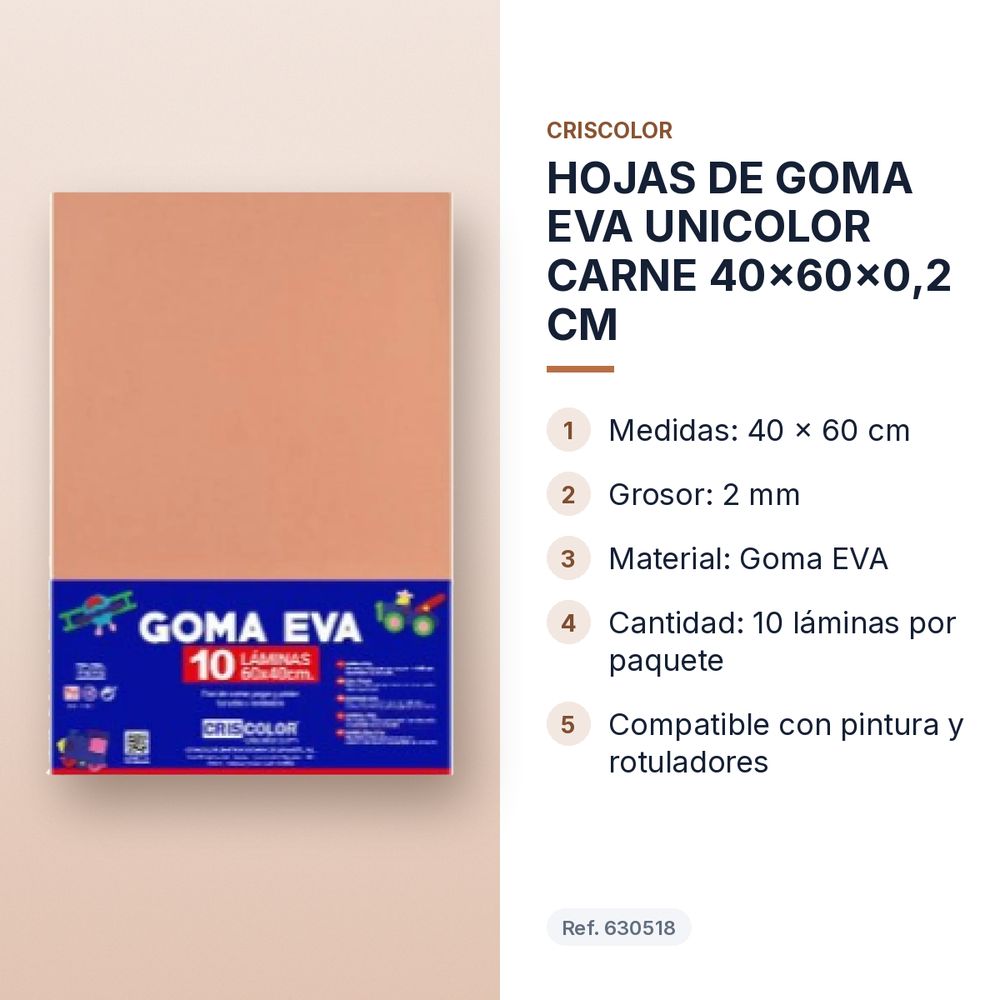HOJAS DE GOMA EVA UNICOLOR CARNE 40x60x0,2 CM - características principales
