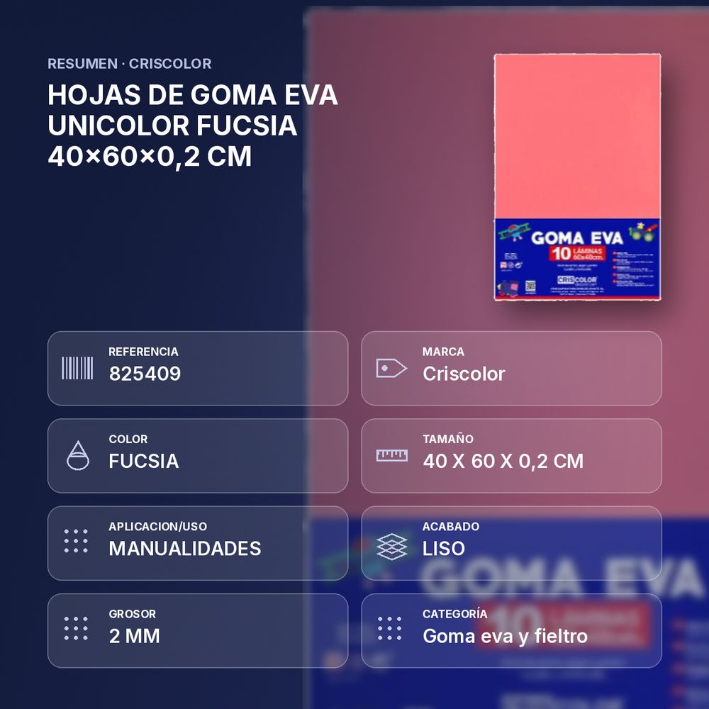 HOJAS DE GOMA EVA UNICOLOR FUCSIA 40x60x0,2 CM - resumen de atributos