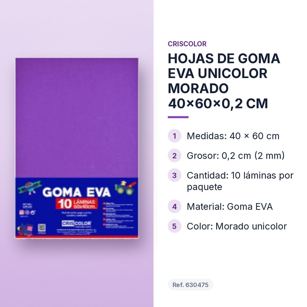 HOJAS DE GOMA EVA UNICOLOR MORADO 40x60x0,2 CM - características principales
