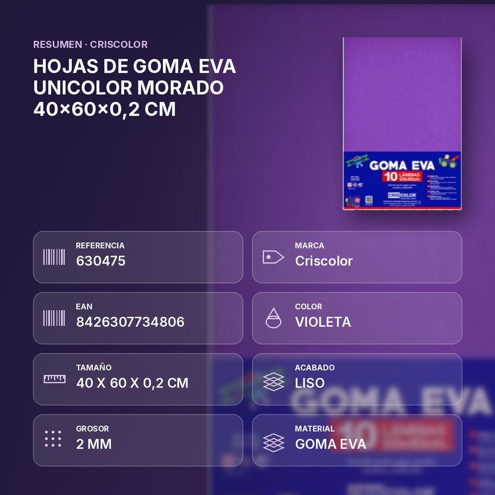 HOJAS DE GOMA EVA UNICOLOR MORADO 40x60x0,2 CM - resumen de atributos