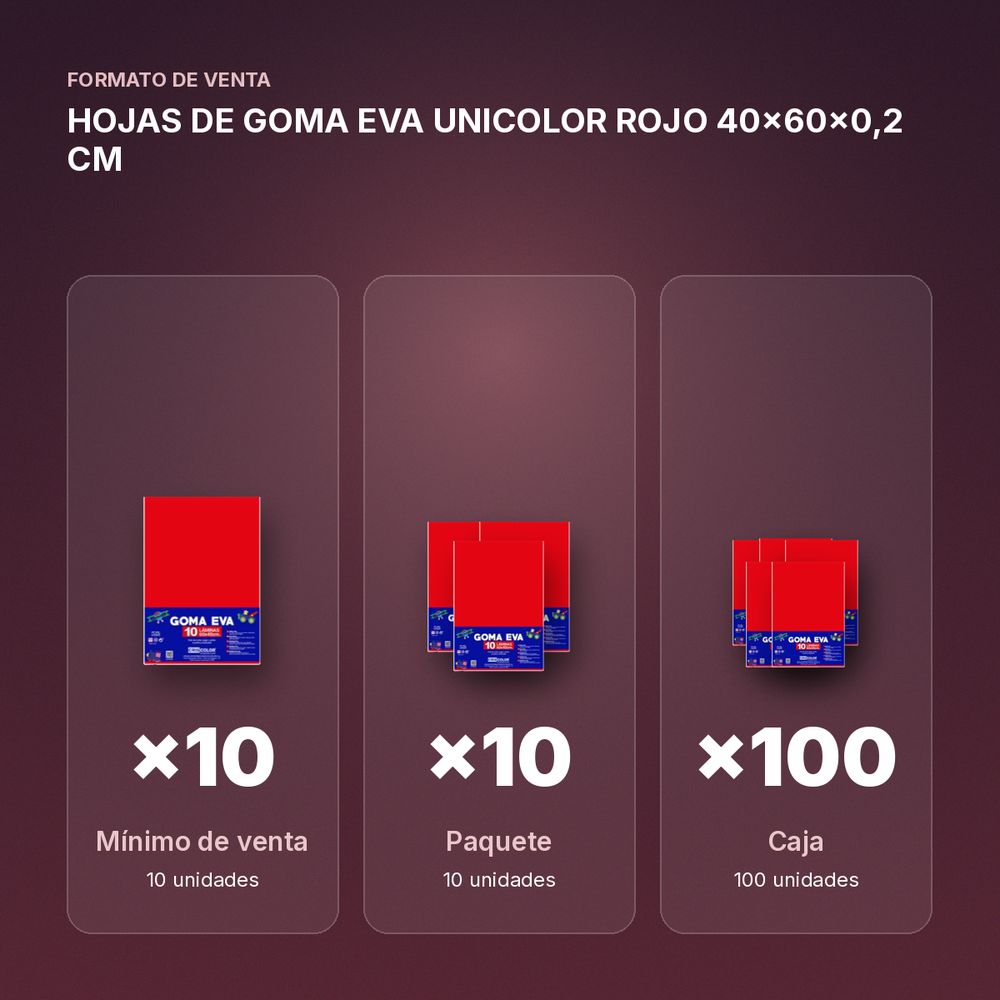 HOJAS DE GOMA EVA UNICOLOR ROJO 40x60x0,2 CM - formato de venta: paquete de 10, caja de 100