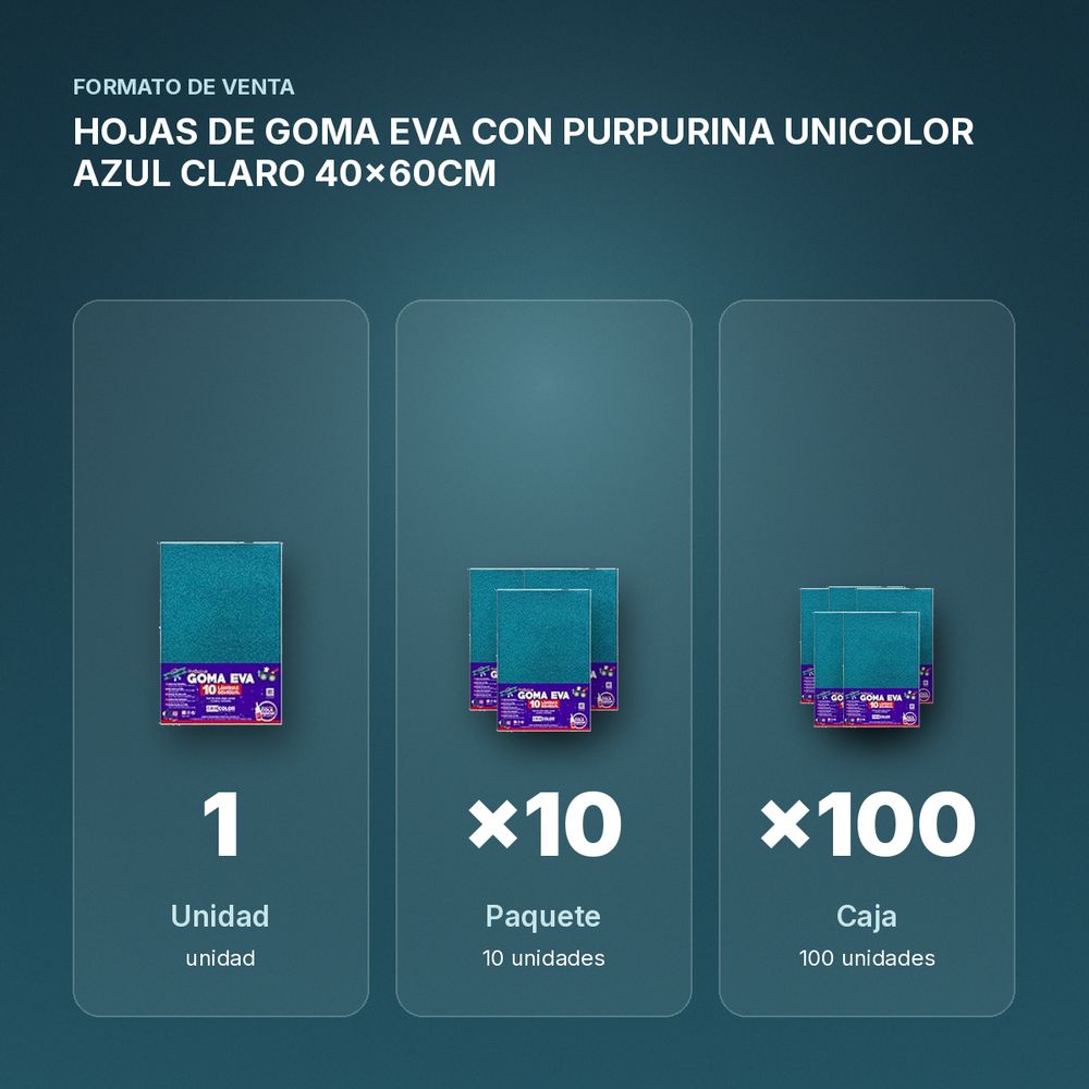 HOJAS DE GOMA EVA CON PURPURINA UNICOLOR AZUL CLARO 40x60CM - formato de venta: paquete de 10, caja de 100