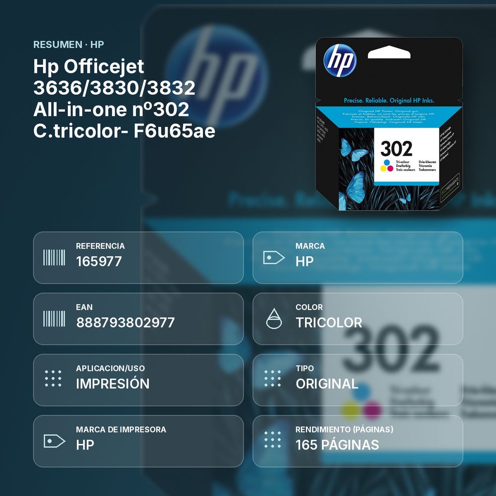HP  OFFICEJET 3636/3830/3832 ALL-IN-ONE Nº302 C.TRICOLOR- F6U65AE - resumen de atributos