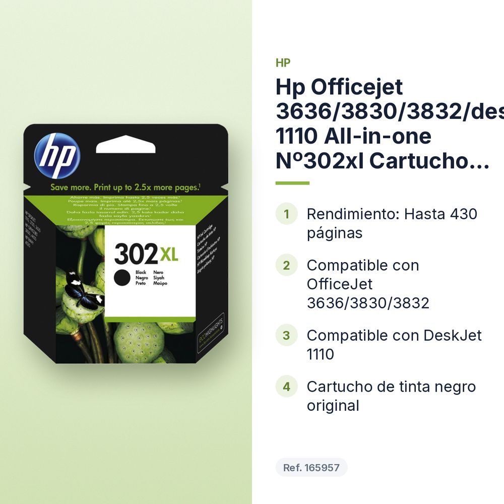 HP  OFFICEJET 3636/3830/3832/DESKJET 1110 ALL-IN-ONE Nº302XL CARTUCHO NEGRO - características principales