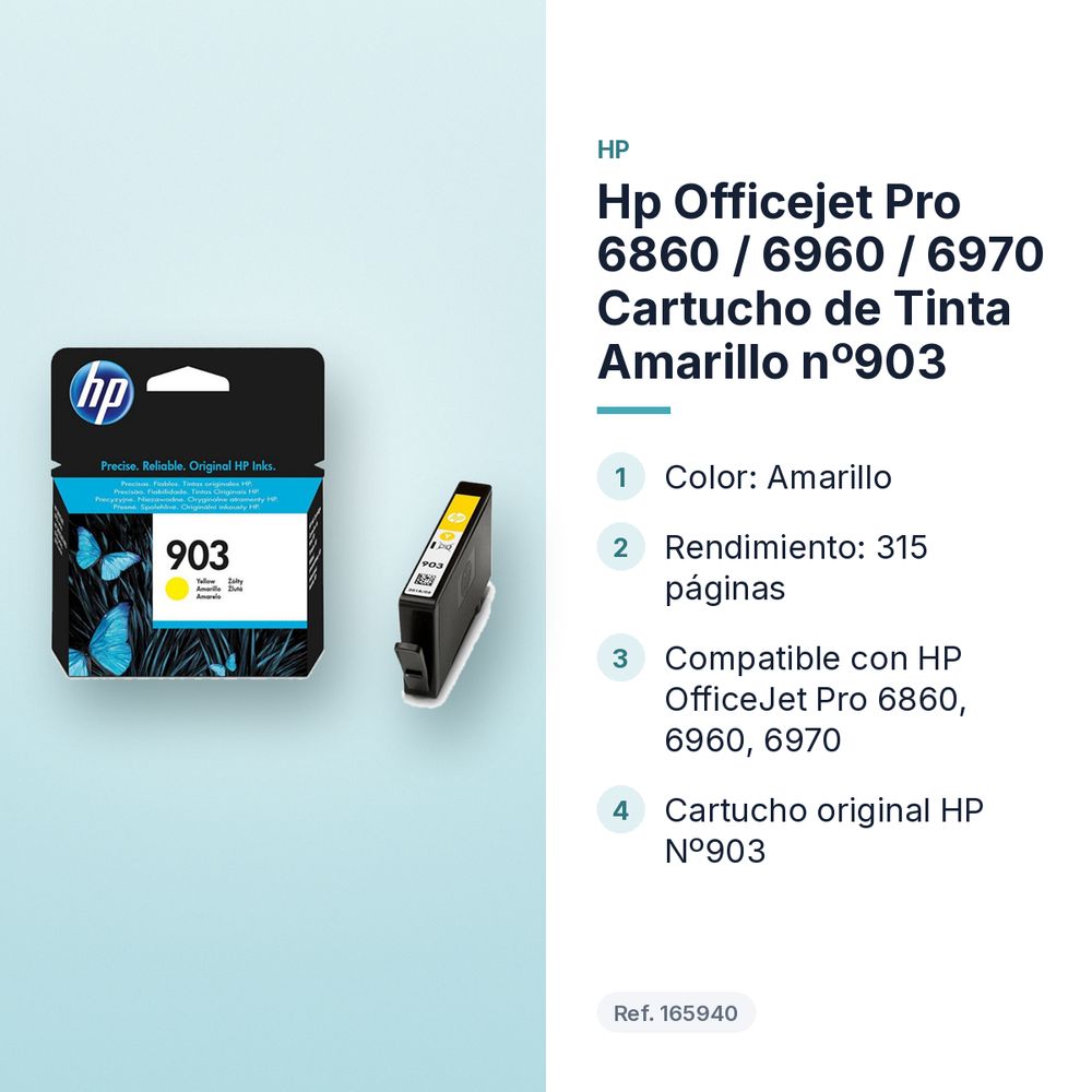 HP  OFFICEJET PRO 6860 / 6960 / 6970 CARTUCHO DE TINTA AMARILLO Nº903 - características principales