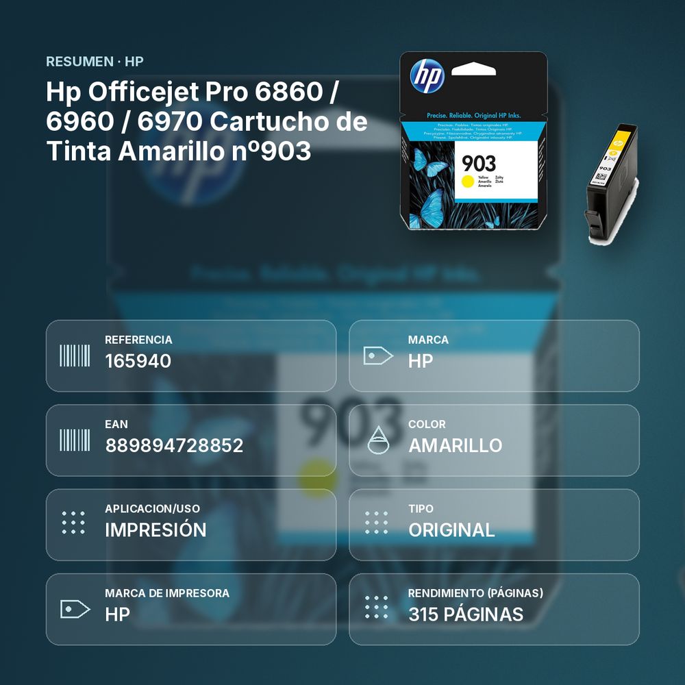 HP  OFFICEJET PRO 6860 / 6960 / 6970 CARTUCHO DE TINTA AMARILLO Nº903 - resumen de atributos