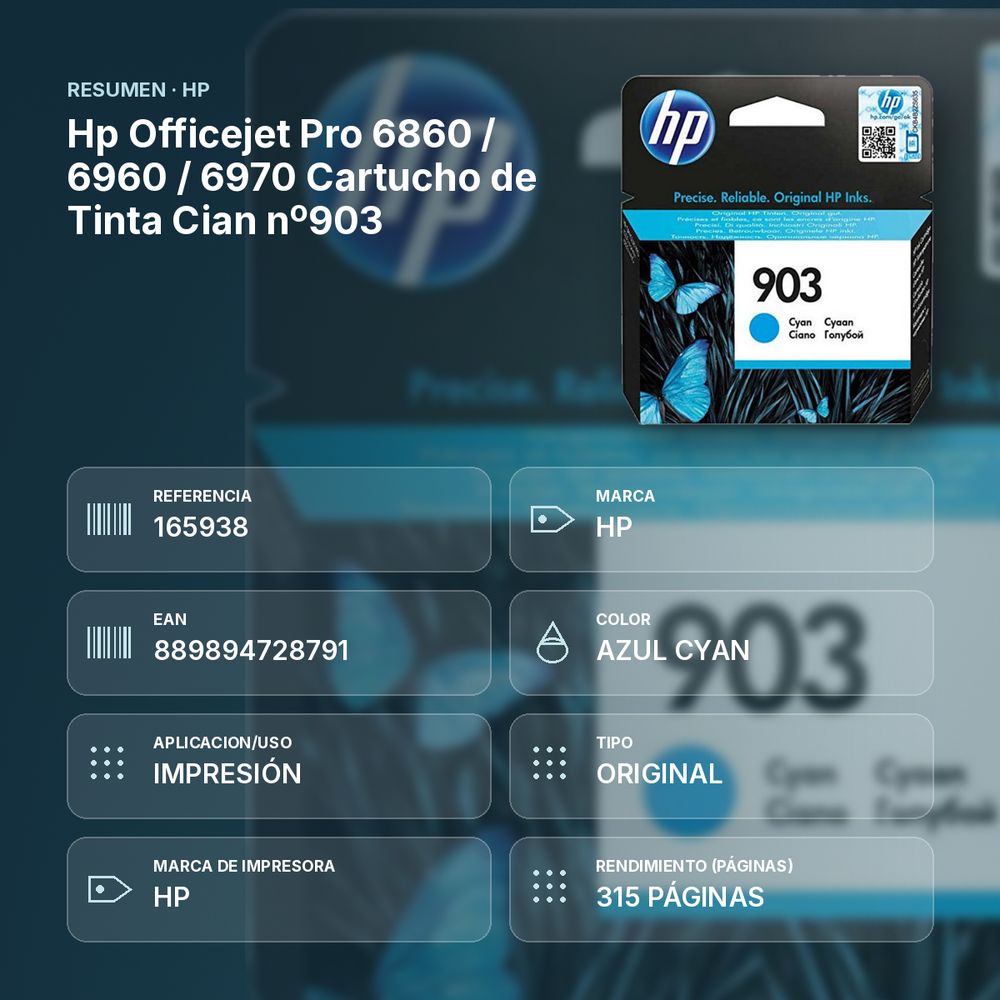 HP  OFFICEJET PRO 6860 / 6960 / 6970 CARTUCHO DE TINTA CIAN Nº903 - resumen de atributos