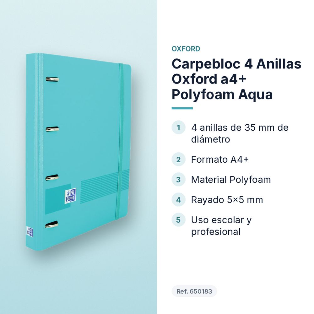 CARPEBLOC 4 ANILLAS OXFORD A4+ POLYFOAM AQUA - características principales