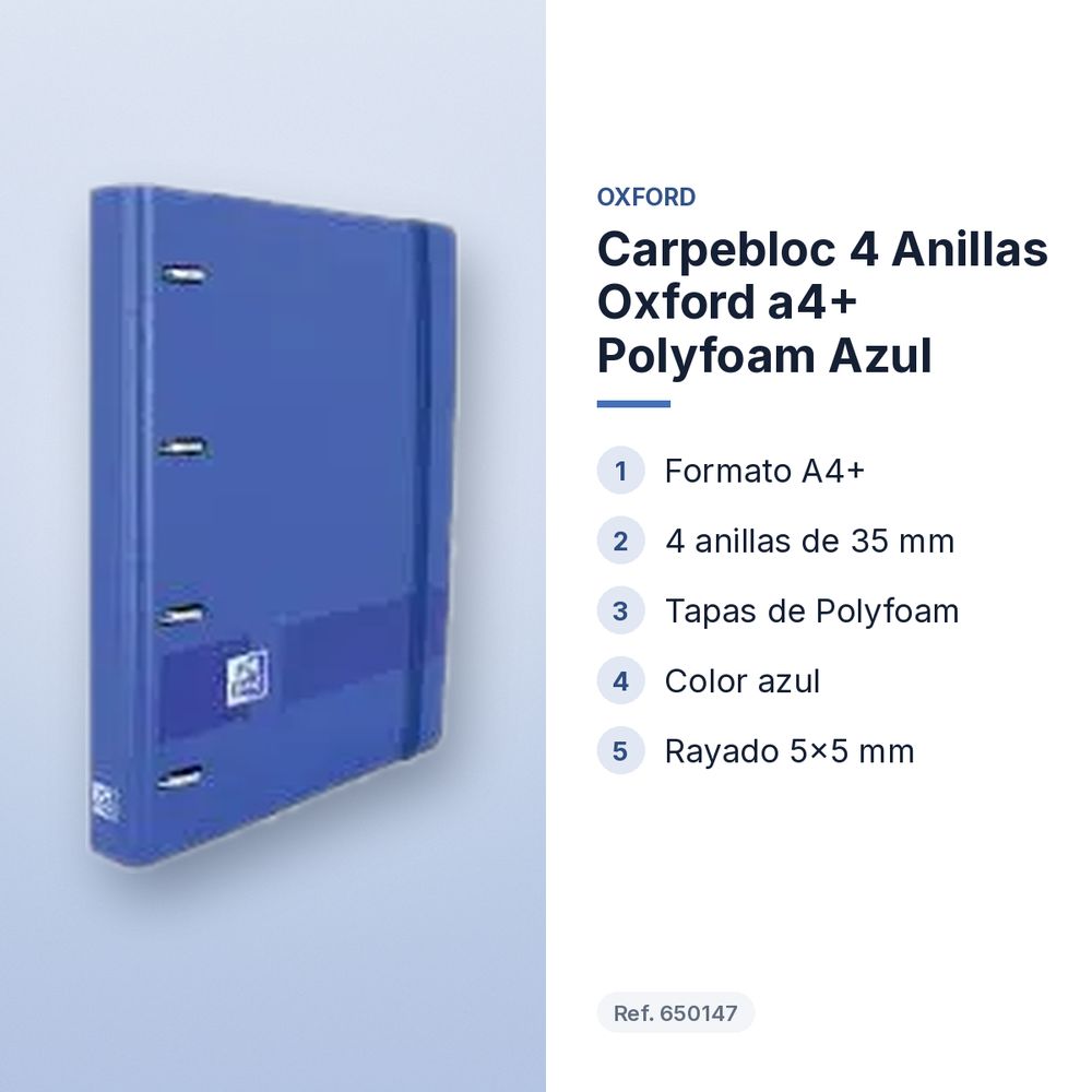 CARPEBLOC 4 ANILLAS OXFORD A4+ POLYFOAM AZUL - características principales